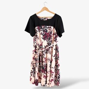 Lane Bryant Floral Midi Dress 18/20 Black Pink Belted Tie Waist Fit & Flare